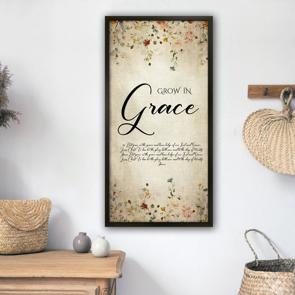 Grow in Grace, Cottage Garden Floral Scripture Decor, 2 Peter 3:18, Framed Scripture, Christian quote art, Encouraging Gift, Bible verse art