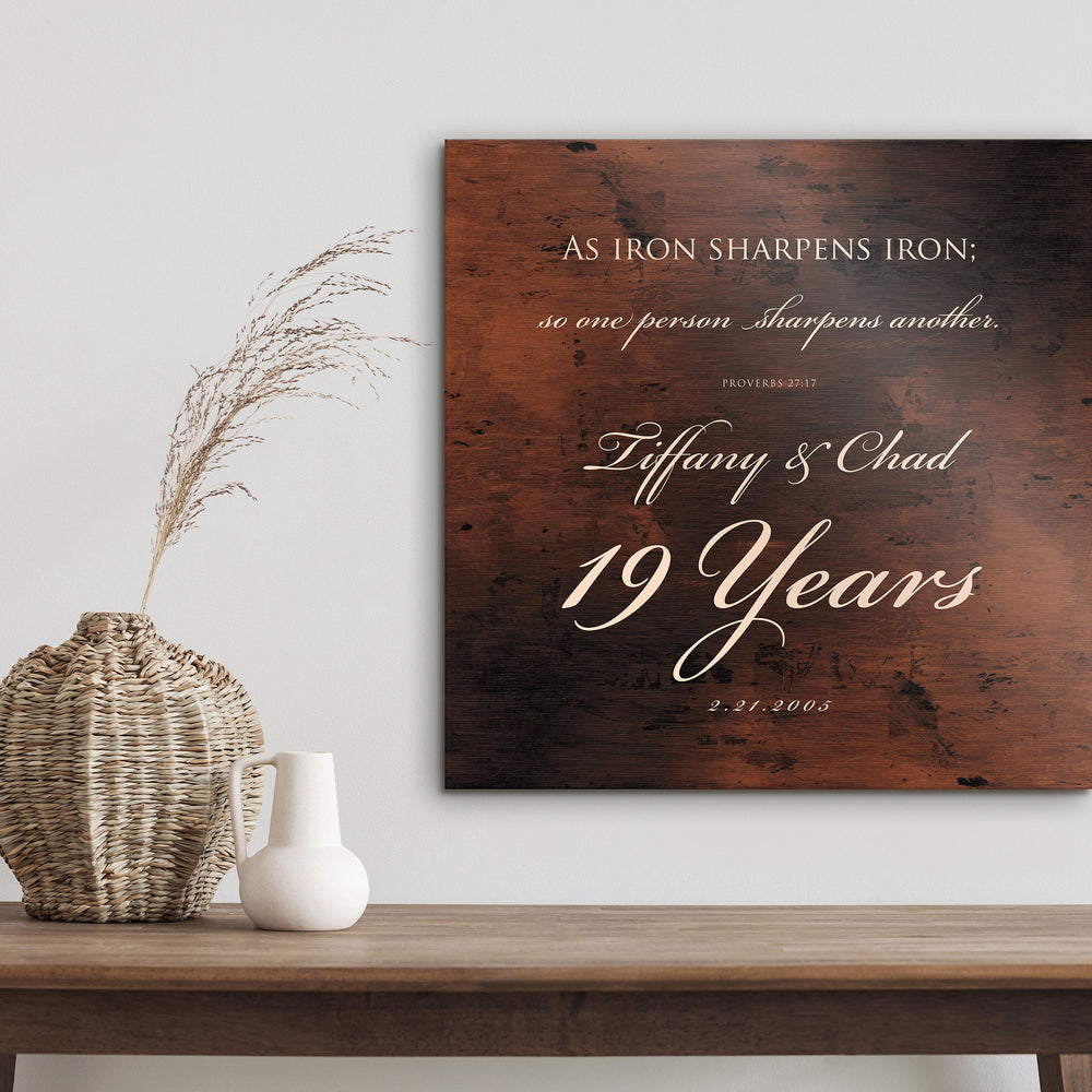 
                  
                    19th Anniversary Gift, Bronze Anniversary, Proverbs 27:17 sign, 19 year of marriage, Gift for husband, Personalize Christian Gift for couple
                  
                