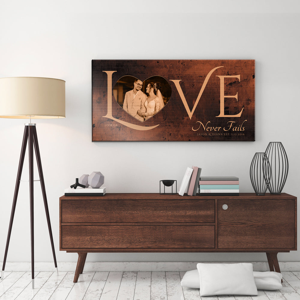 
                  
                    Love Never Fails, Personalized Couple's Gift, Bedroom Sign, Anniversary Gift for wife, Iron Anniversary, Gift for Wife, Bronze, Copper, Tin
                  
                