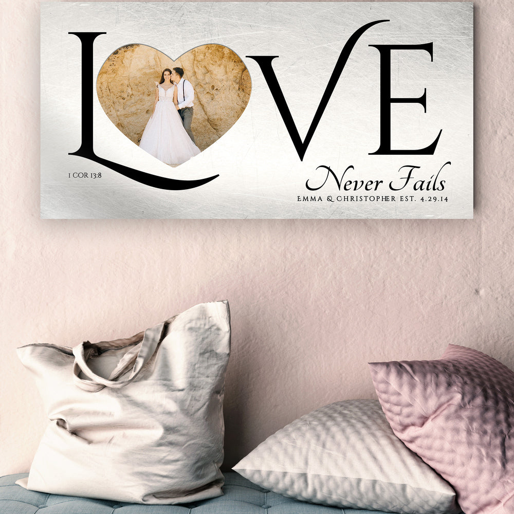 Personalized Love Decor with Photo, Love Never Fails Sign, Ten Year Anniversary Gift, Wedding Photo Gift, 8th anniversary, Sign over bed