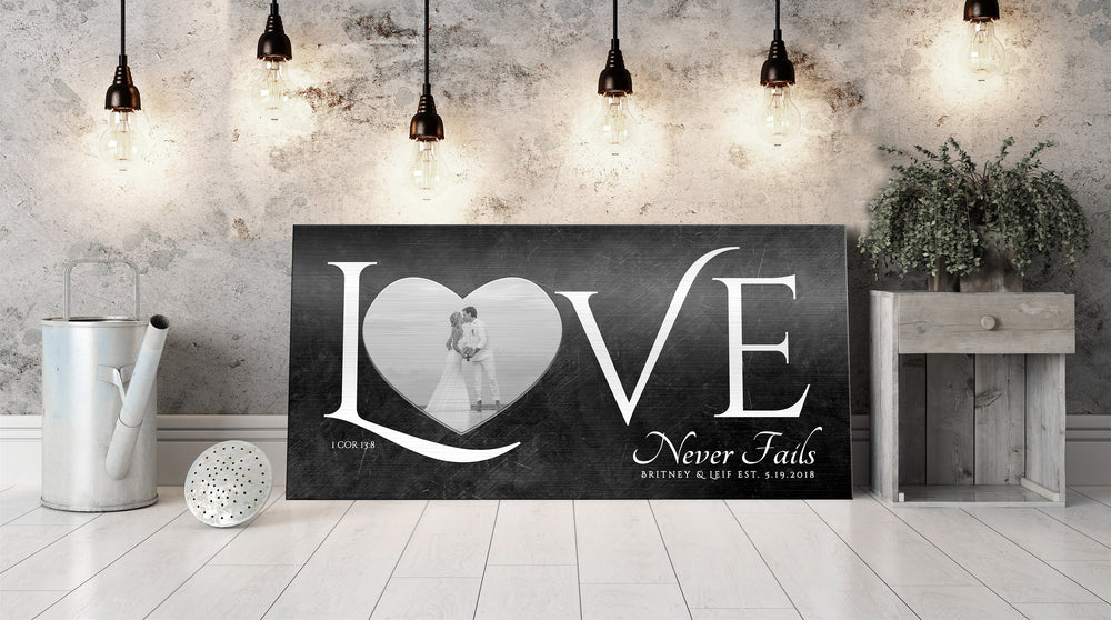 Love Never Fails, Personalized Couple's Gift, Bedroom Sign, Anniversary Gift for wife, Iron Anniversary, Gift for Wife, Bronze, Copper, Tin