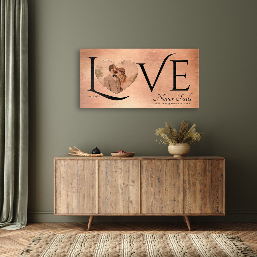 
                  
                    Love Never Fails, Personalized Couple's Gift, Bedroom Sign, Anniversary Gift for wife, Iron Anniversary, Gift for Wife, Bronze, Copper, Tin
                  
                