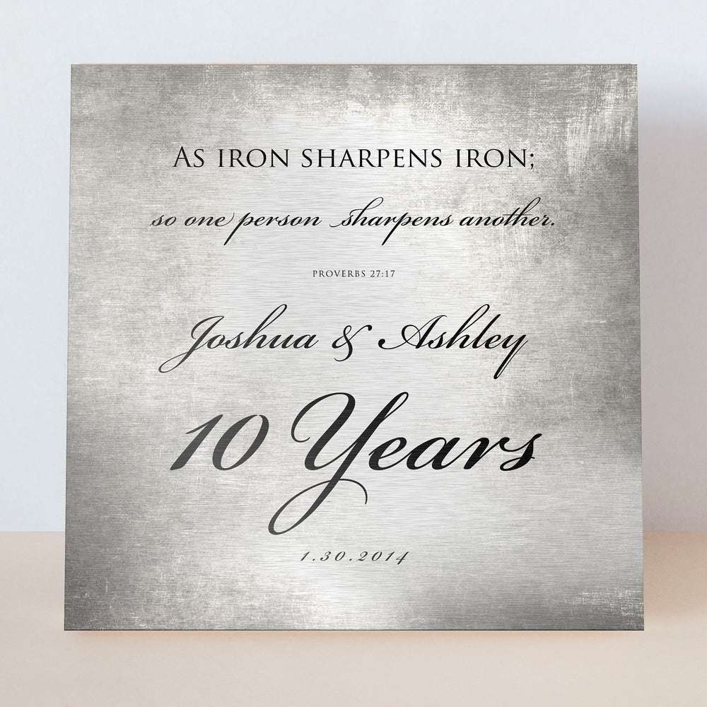 
                  
                    10 Years of Marriage plaque, Iron sharpens iron sign for couples, Tin anniversary gift for husband and wife, 10th anniversary gift for him
                  
                