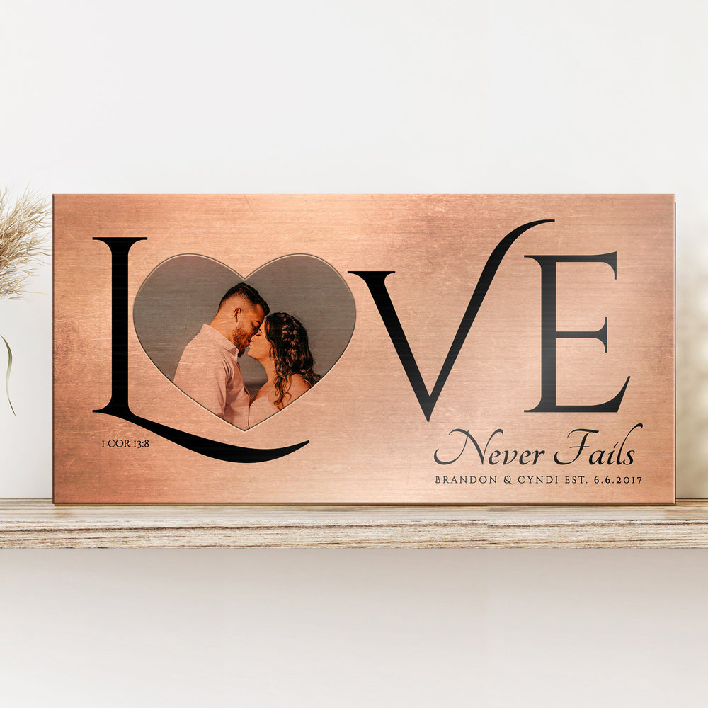 
                  
                    Personalized Love Decor with Photo, Love Never Fails Sign, Ten Year Anniversary Gift, Wedding Photo Gift, 8th anniversary, Sign over bed
                  
                