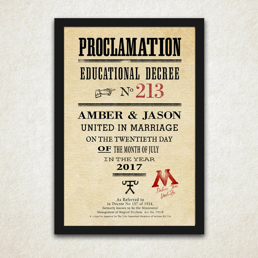 Proclamation Sign: Custom Gift for Wizards - Hunnycomb Proverbs - Wedding gift ideas - paper anniversary gifts 